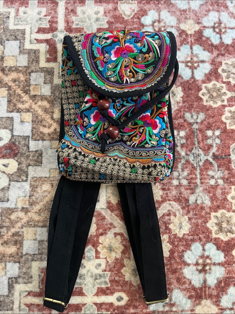 Embroidered Floral Mini Backpack - Black Multicolor